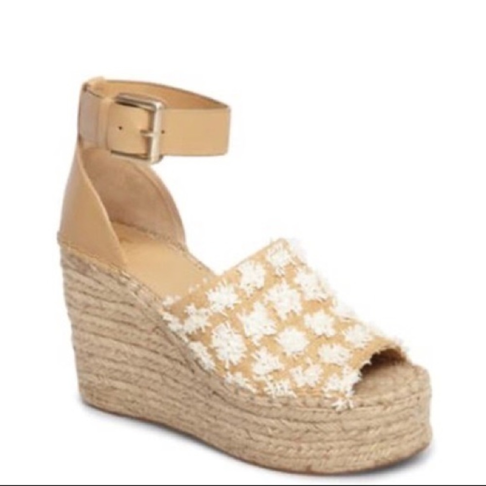 Marc Fisher Tan and White Espadrille Wedge Sandals